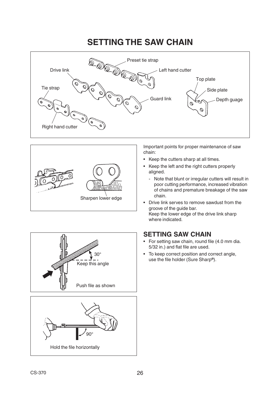 Setting the saw chain, Setting saw chain | Echo CS-370 Serial 09014533 - 09999999 User Manual | Page 28 / 32