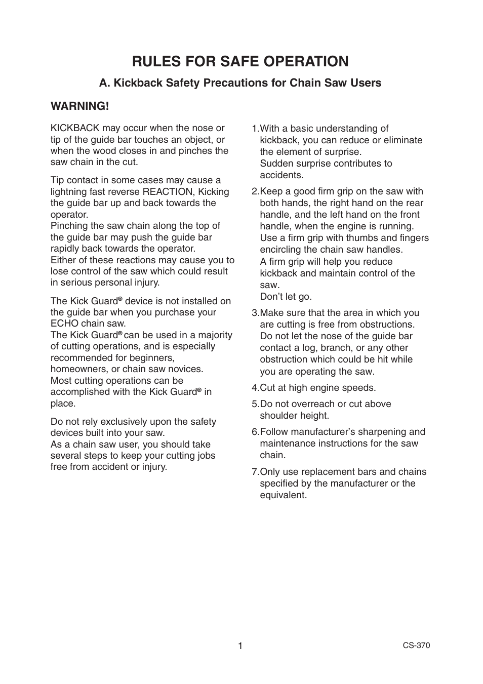 Rules for safe operation | Echo CS-370 Serial 09014533 - 09999999 User Manual | Page 3 / 32