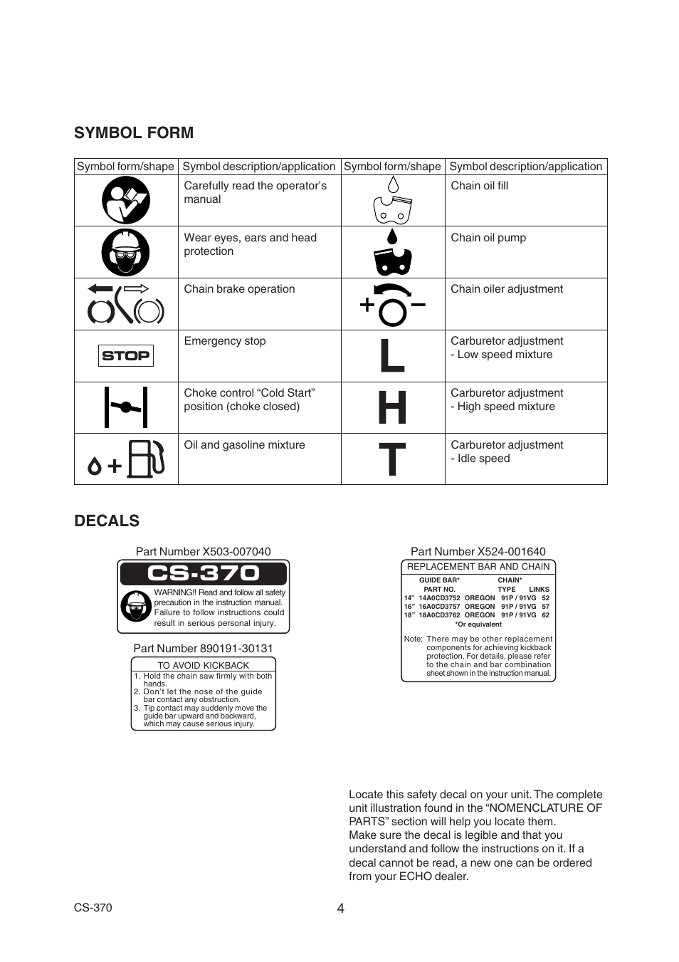 Cs-370, Decals, Symbol form | Echo CS-370 Serial 09014533 - 09999999 User Manual | Page 6 / 32