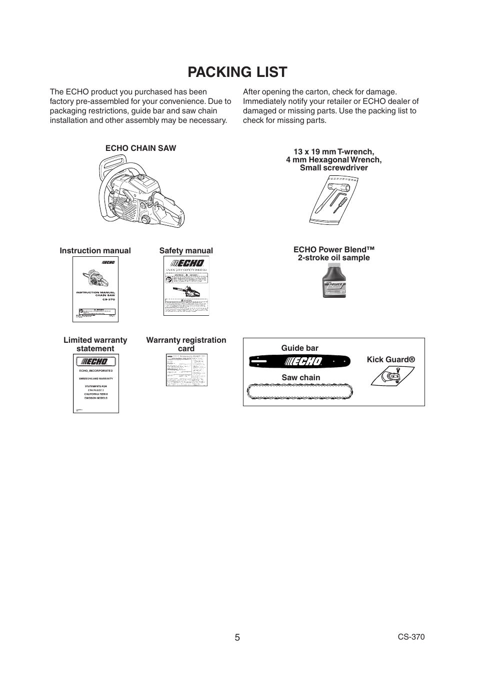 Packing list | Echo CS-370 Serial 09014533 - 09999999 User Manual | Page 7 / 32