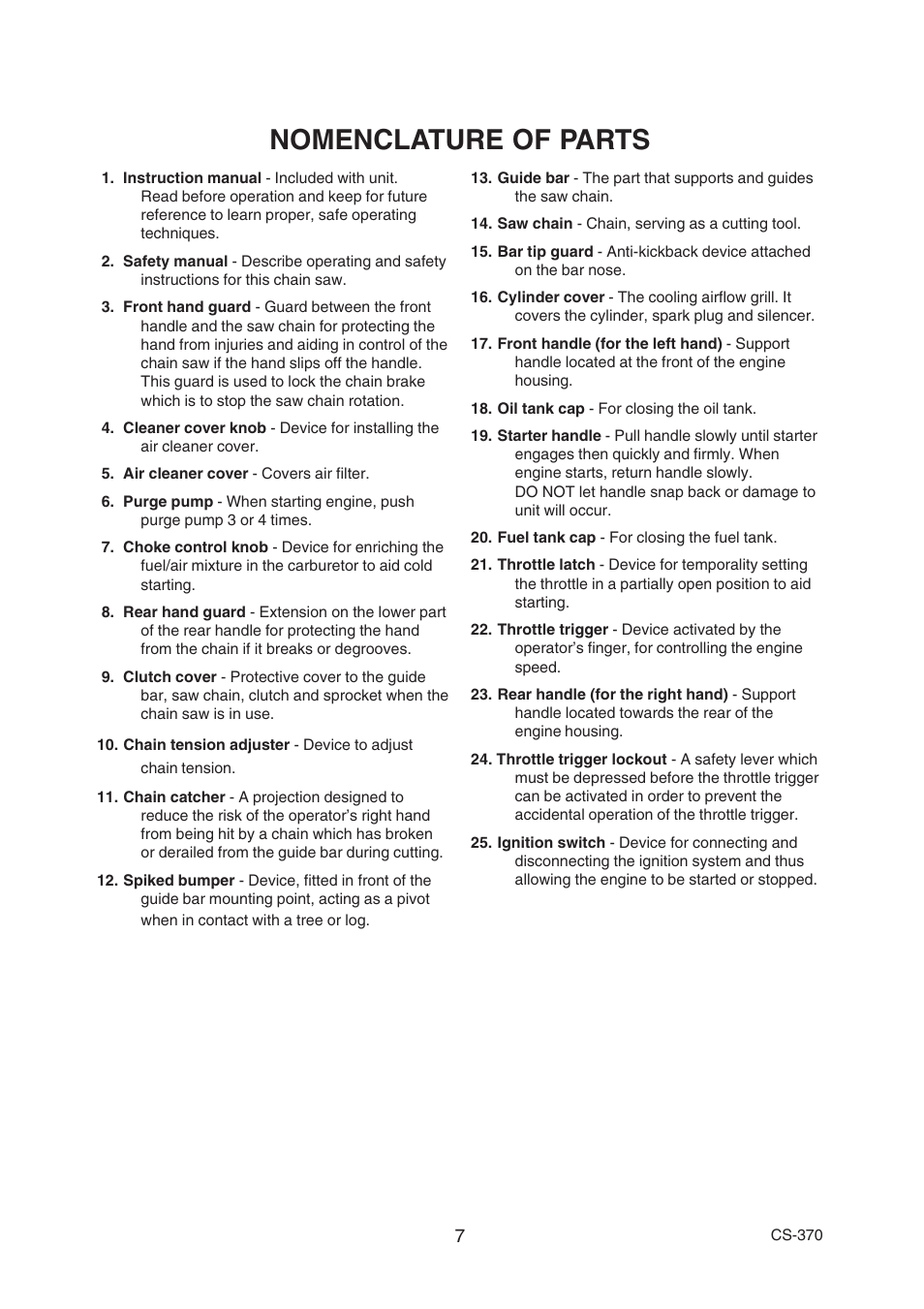 Nomenclature of parts | Echo CS-370 Serial 09014533 - 09999999 User Manual | Page 9 / 32