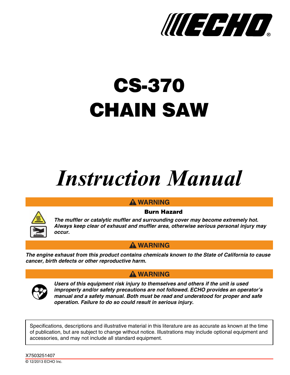 Echo CS-370 Serial C08011001001 - C08011999999 User Manual | 44 pages