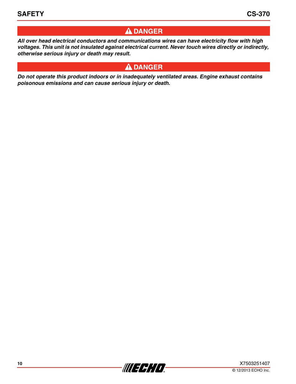 Safety cs-370 | Echo CS-370 Serial C08011001001 - C08011999999 User Manual | Page 10 / 44
