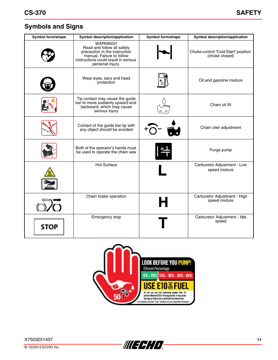Symbols and signs, Cs-370 safety | Echo CS-370 Serial C08011001001 - C08011999999 User Manual | Page 11 / 44