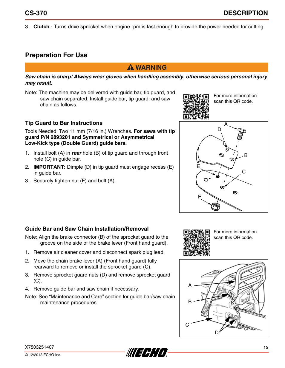 Preparation for use, Cs-370 description | Echo CS-370 Serial C08011001001 - C08011999999 User Manual | Page 15 / 44