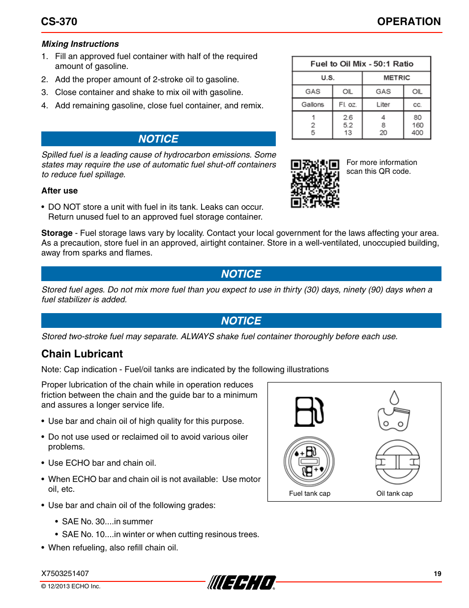Chain lubricant, Cs-370 operation | Echo CS-370 Serial C08011001001 - C08011999999 User Manual | Page 19 / 44