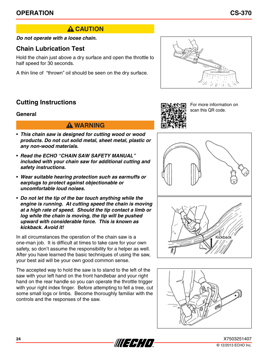 Chain lubrication test cutting instructions, Operation cs-370, Chain lubrication test | Cutting instructions | Echo CS-370 Serial C08011001001 - C08011999999 User Manual | Page 24 / 44