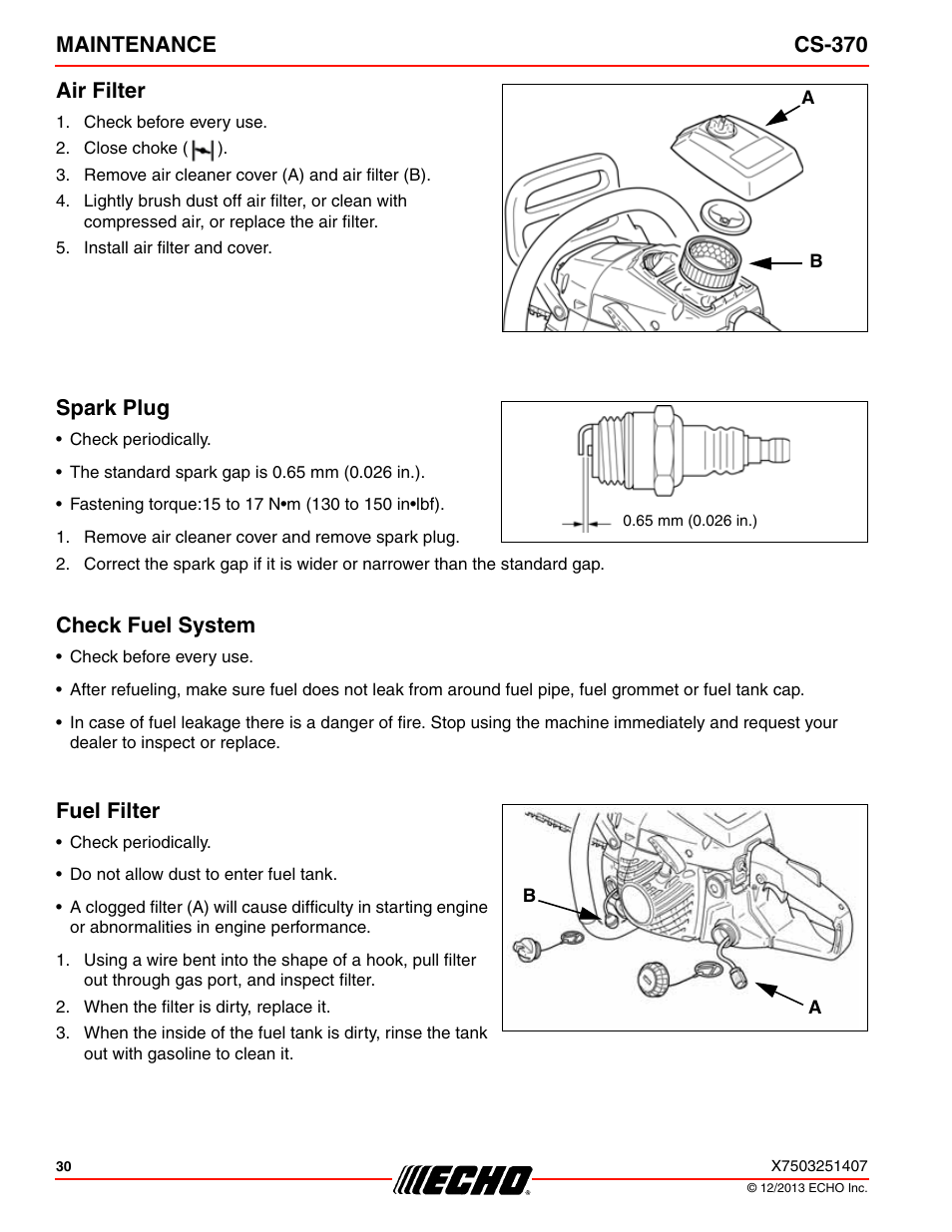 Maintenance cs-370 air filter, Spark plug, Check fuel system | Fuel filter | Echo CS-370 Serial C08011001001 - C08011999999 User Manual | Page 30 / 44