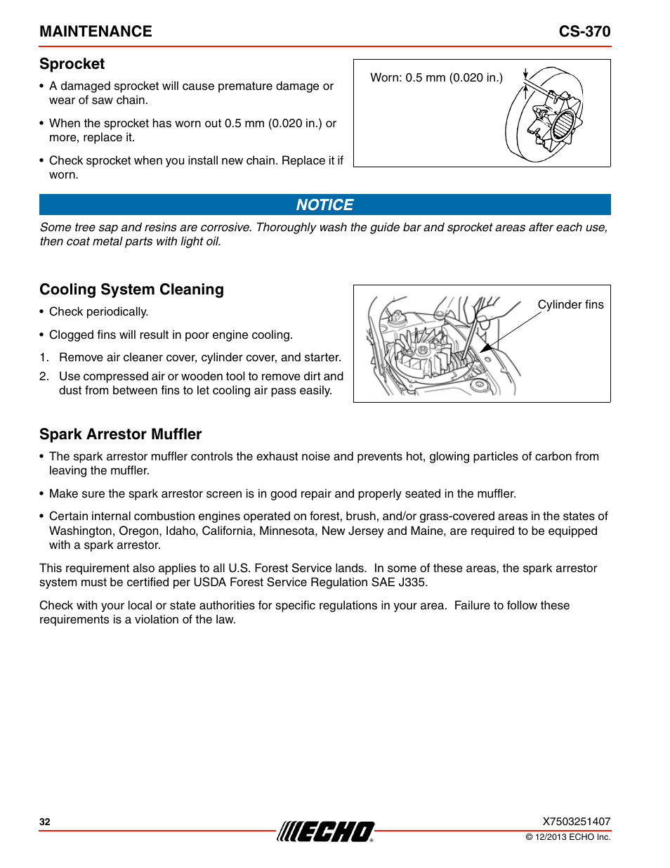 Maintenance cs-370 sprocket, Cooling system cleaning, Spark arrestor muffler | Echo CS-370 Serial C08011001001 - C08011999999 User Manual | Page 32 / 44