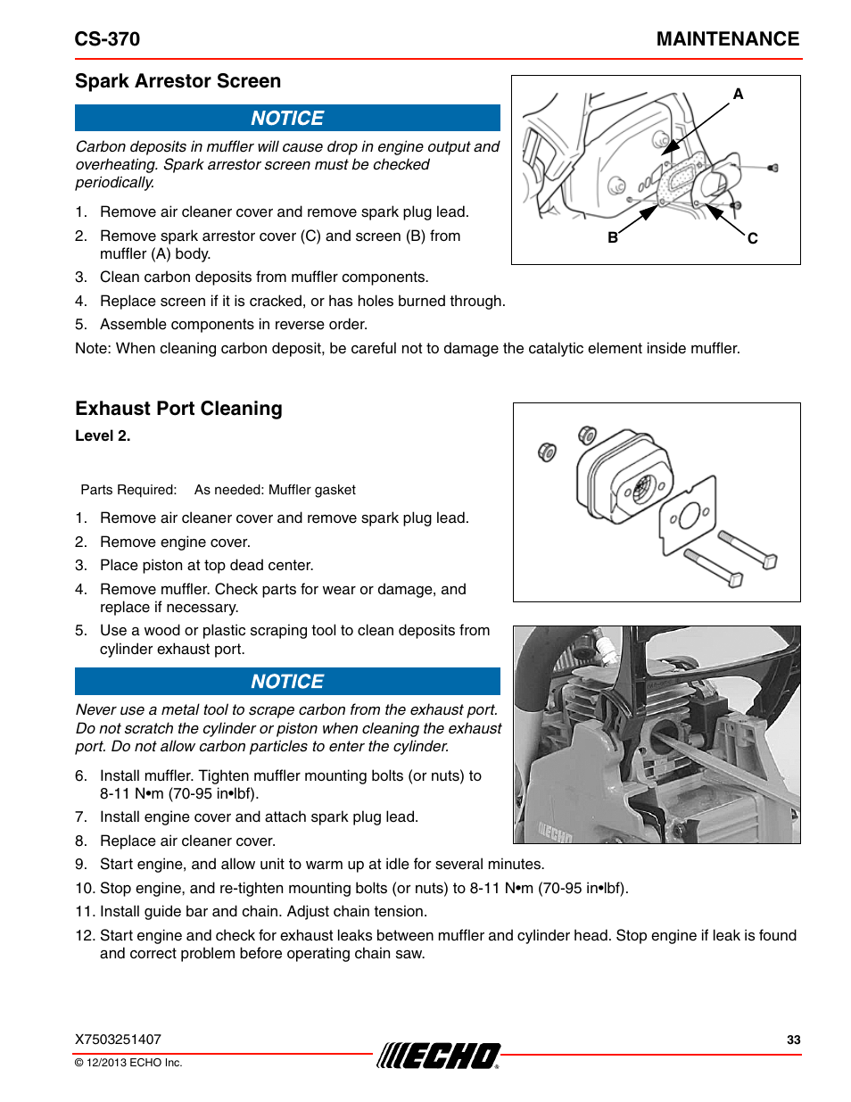 Spark arrestor screen exhaust port cleaning, Cs-370 maintenance, Spark arrestor screen | Exhaust port cleaning | Echo CS-370 Serial C08011001001 - C08011999999 User Manual | Page 33 / 44