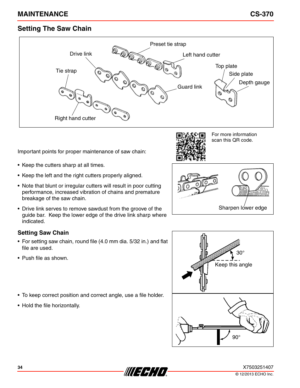 Setting the saw chain, Maintenance cs-370 setting the saw chain | Echo CS-370 Serial C08011001001 - C08011999999 User Manual | Page 34 / 44