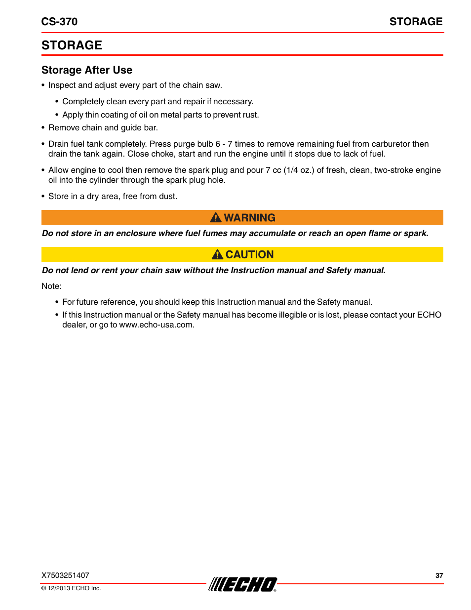Storage, Storage after use, Cs-370 storage | Echo CS-370 Serial C08011001001 - C08011999999 User Manual | Page 37 / 44