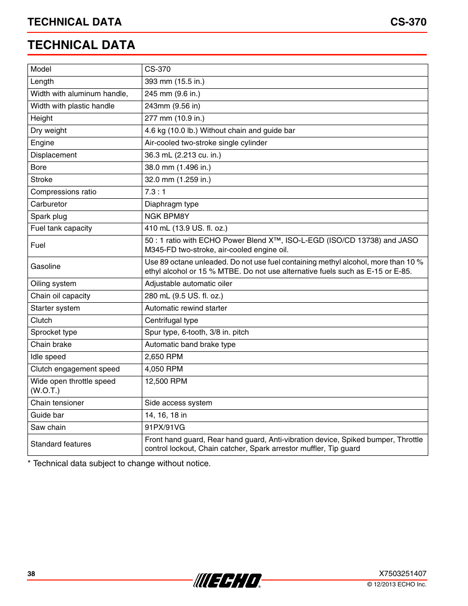 Technical data, Technical data cs-370 | Echo CS-370 Serial C08011001001 - C08011999999 User Manual | Page 38 / 44
