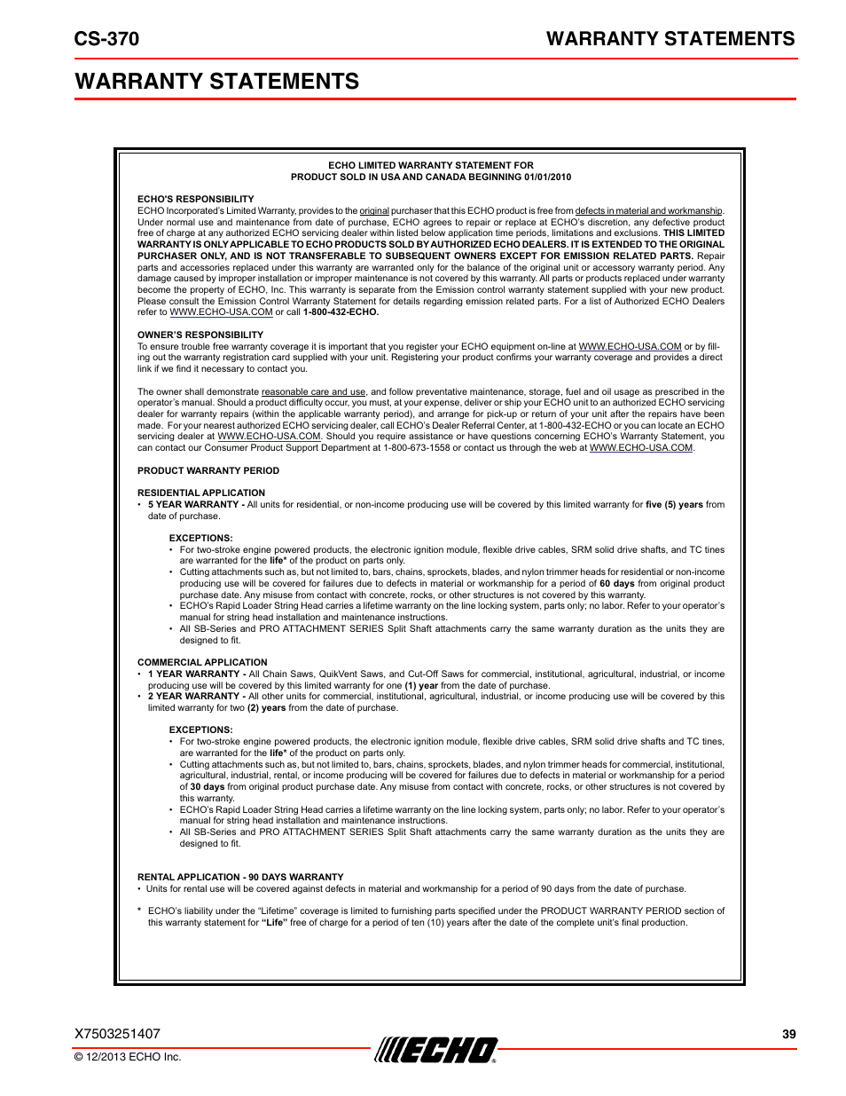 Warranty statements, Cs-370 warranty statements | Echo CS-370 Serial C08011001001 - C08011999999 User Manual | Page 39 / 44