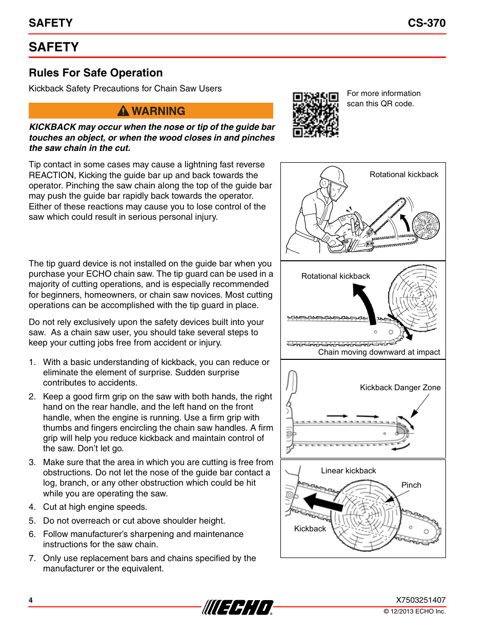 Safety, Rules for safe operation, Safety cs-370 | Echo CS-370 Serial C08011001001 - C08011999999 User Manual | Page 4 / 44