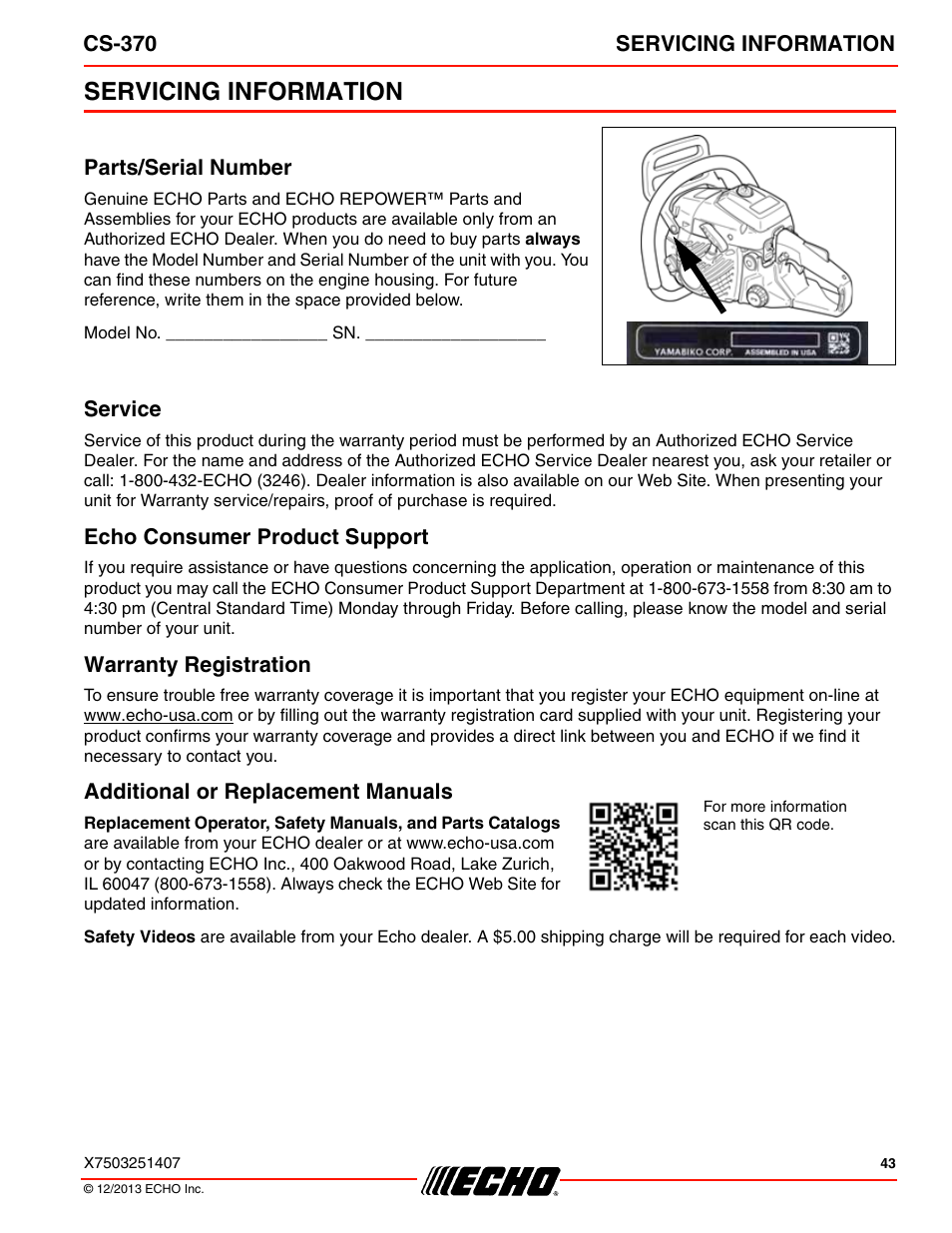 Servicing information | Echo CS-370 Serial C08011001001 - C08011999999 User Manual | Page 43 / 44