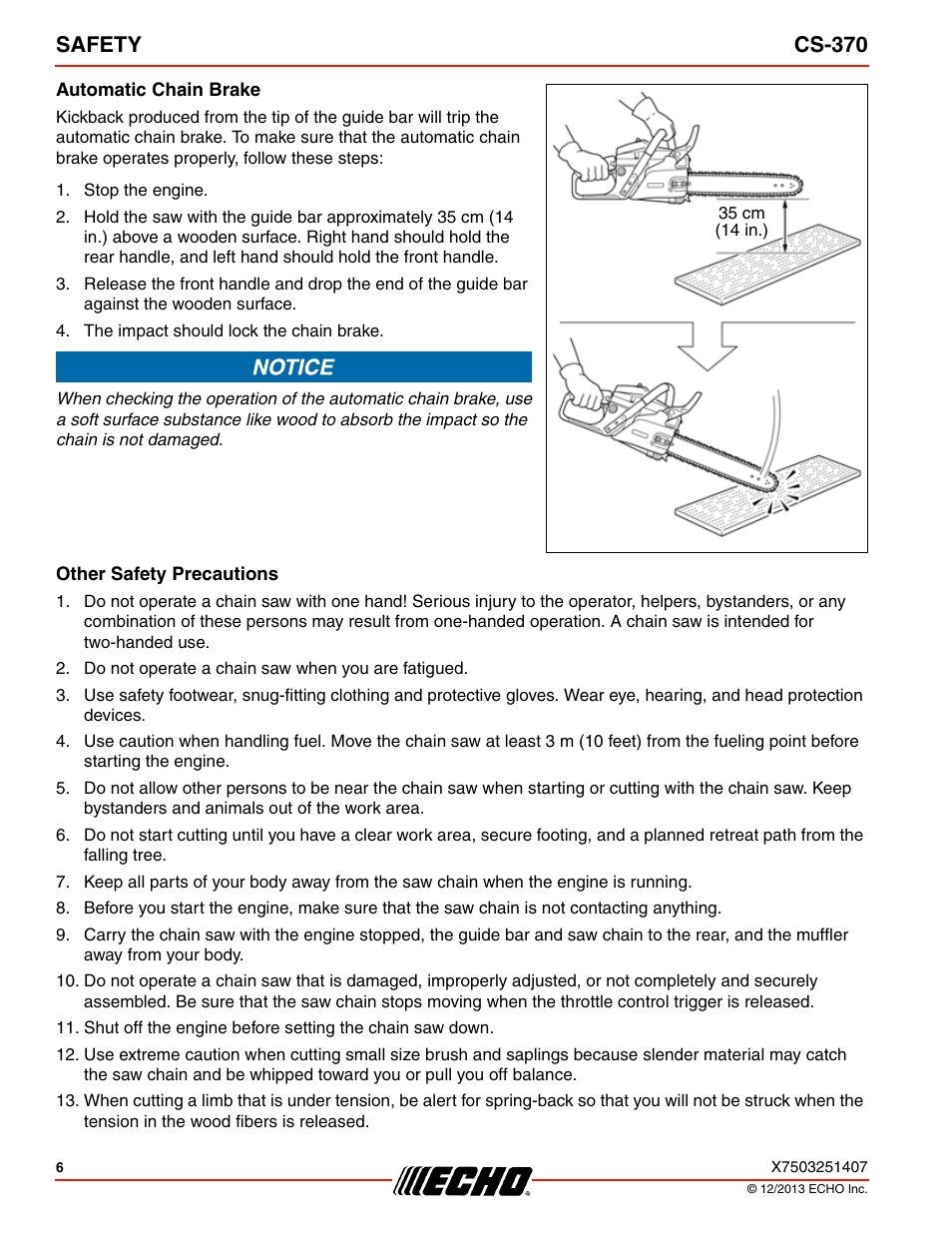 Safety cs-370 | Echo CS-370 Serial C08011001001 - C08011999999 User Manual | Page 6 / 44