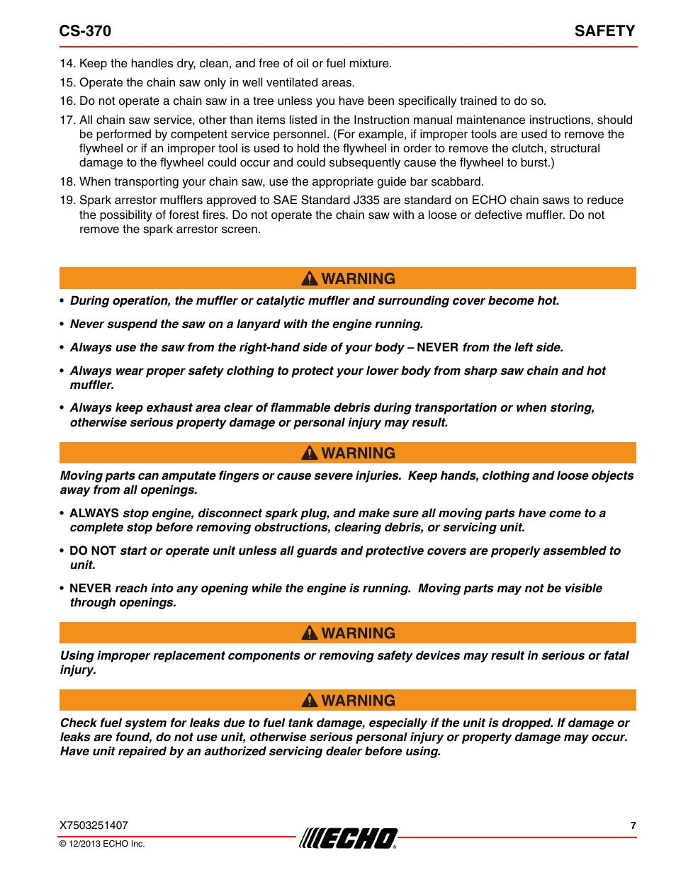 Cs-370 safety | Echo CS-370 Serial C08011001001 - C08011999999 User Manual | Page 7 / 44