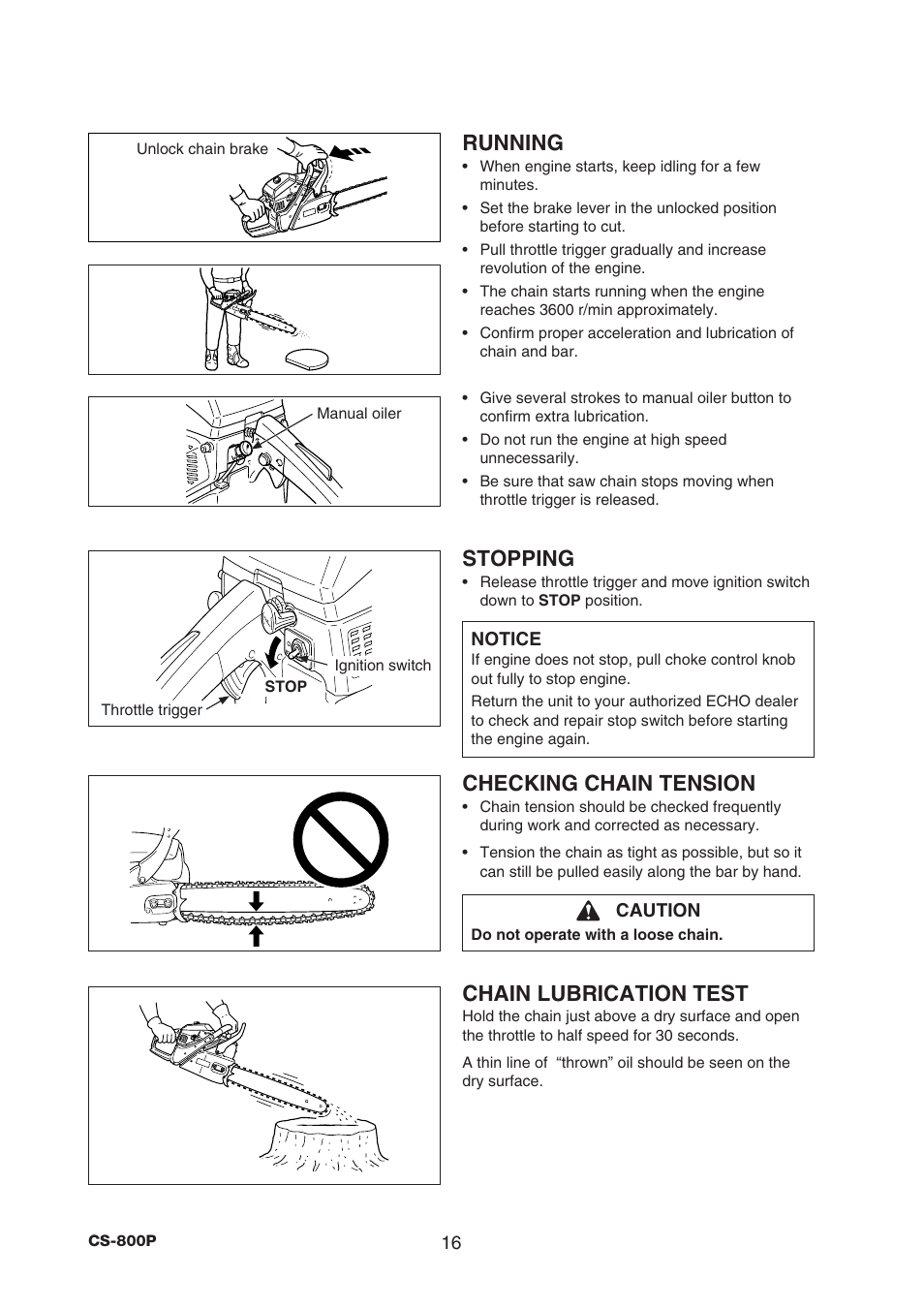 Running, Stopping, Checking chain tension | Chain lubrication test | Echo CS-800P User Manual | Page 18 / 34