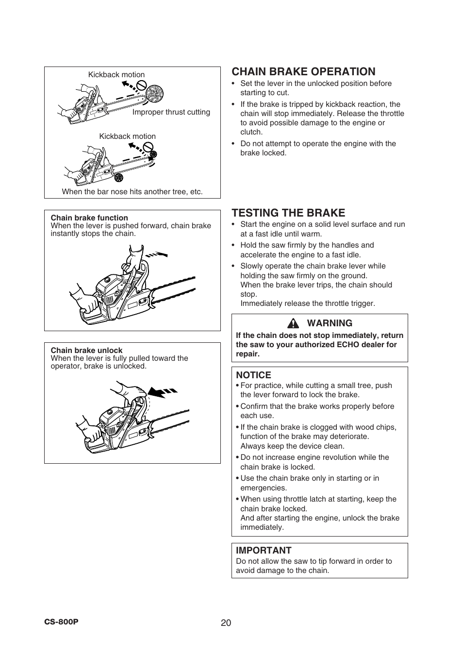 Chain brake operation, Testing the brake | Echo CS-800P User Manual | Page 22 / 34