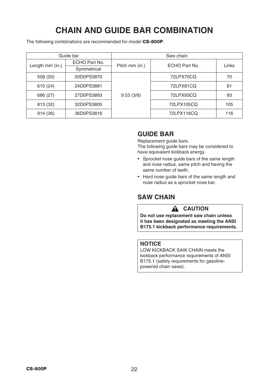 Chain and guide bar combination, Guide bar, Saw chain | Echo CS-800P User Manual | Page 24 / 34