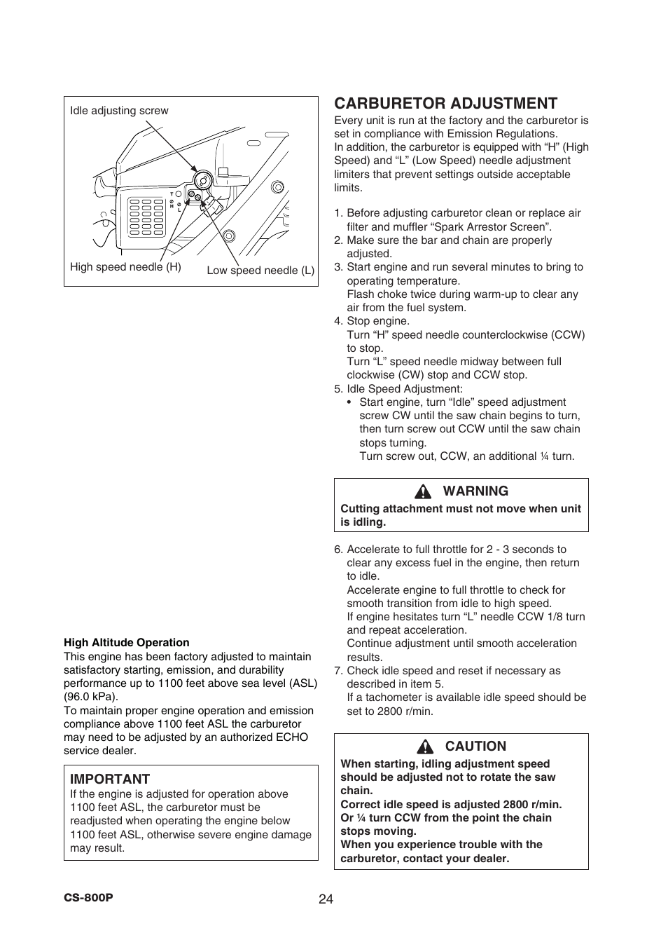 Carburetor adjustment | Echo CS-800P User Manual | Page 26 / 34