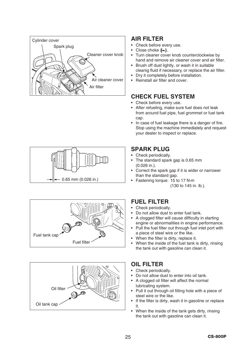 Air filter, Check fuel system, Spark plug | Fuel filter, Oil filter | Echo CS-800P User Manual | Page 27 / 34