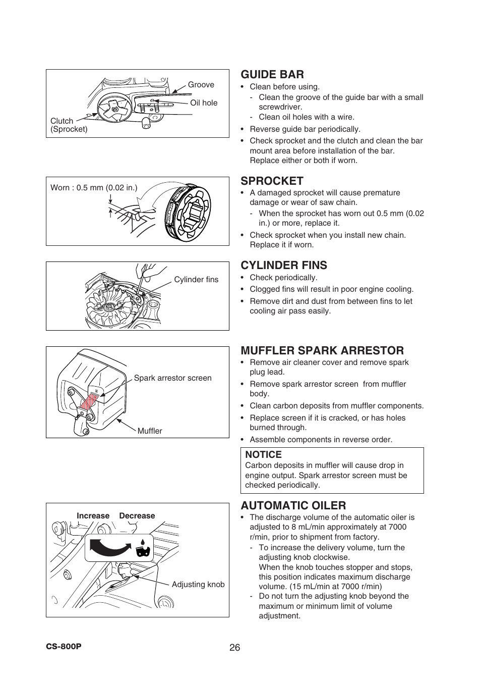 Guide bar, Sprocket, Cylinder fins | Muffler spark arrestor, Automatic oiler | Echo CS-800P User Manual | Page 28 / 34
