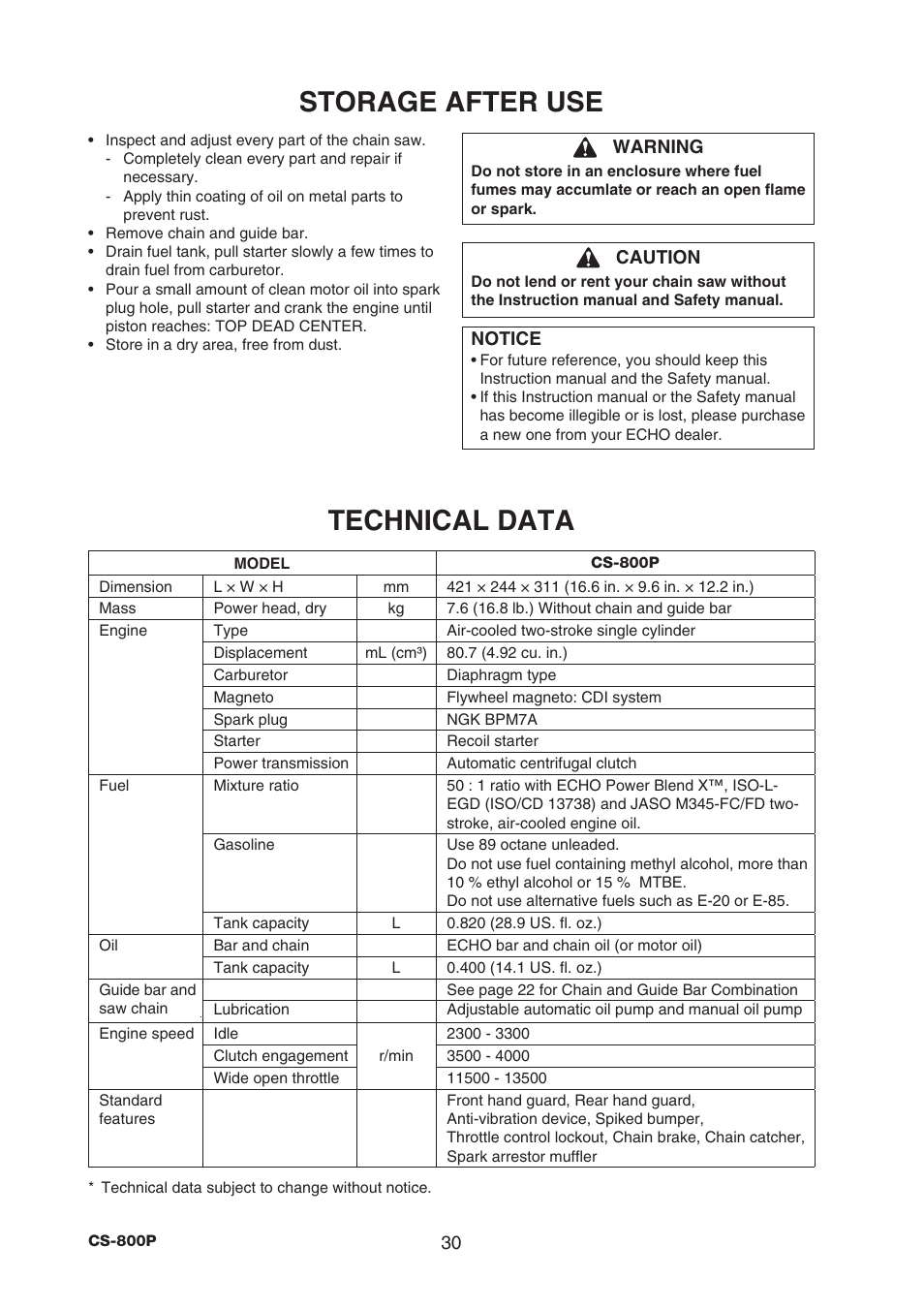 Storage after use, Technical data | Echo CS-800P User Manual | Page 32 / 34