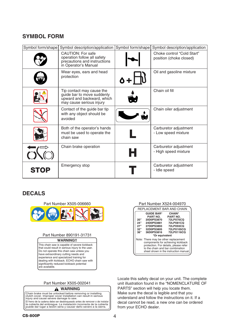 Stop, Symbol form decals | Echo CS-800P User Manual | Page 6 / 34