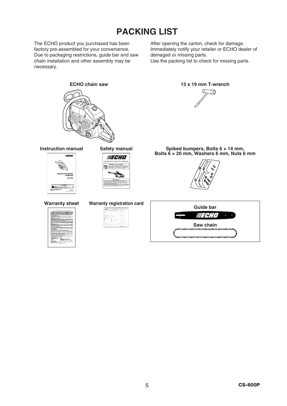 Packing list | Echo CS-800P User Manual | Page 7 / 34