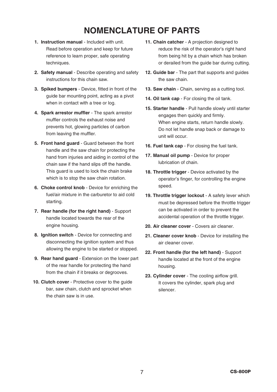 Nomenclature of parts | Echo CS-800P User Manual | Page 9 / 34
