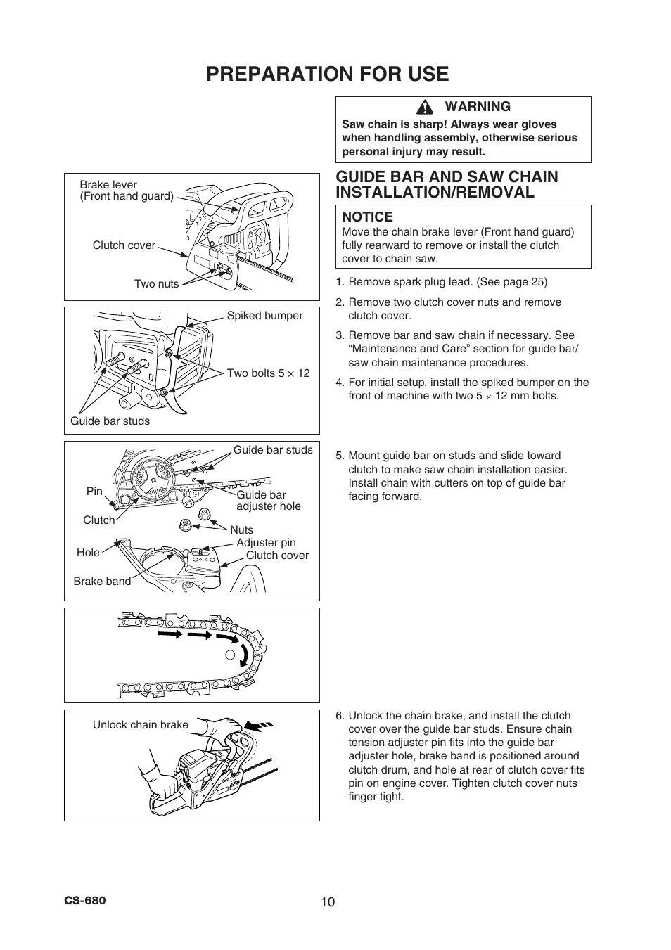Preparation for use, Guide bar and saw chain installation/removal | Echo CS-680 User Manual | Page 12 / 34