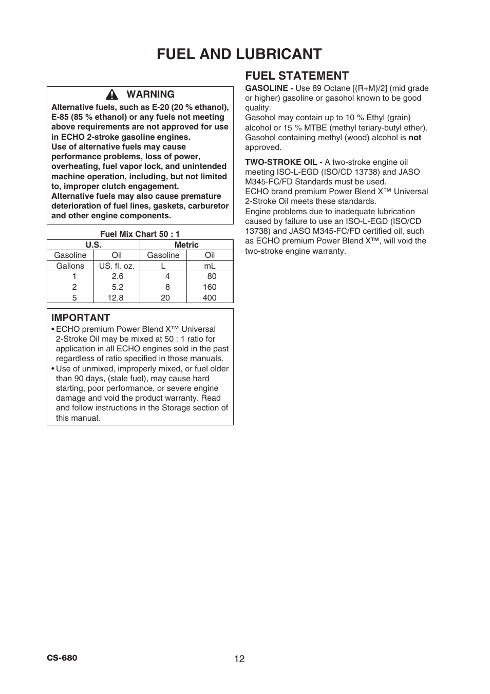 Fuel and lubricant, Fuel statement | Echo CS-680 User Manual | Page 14 / 34