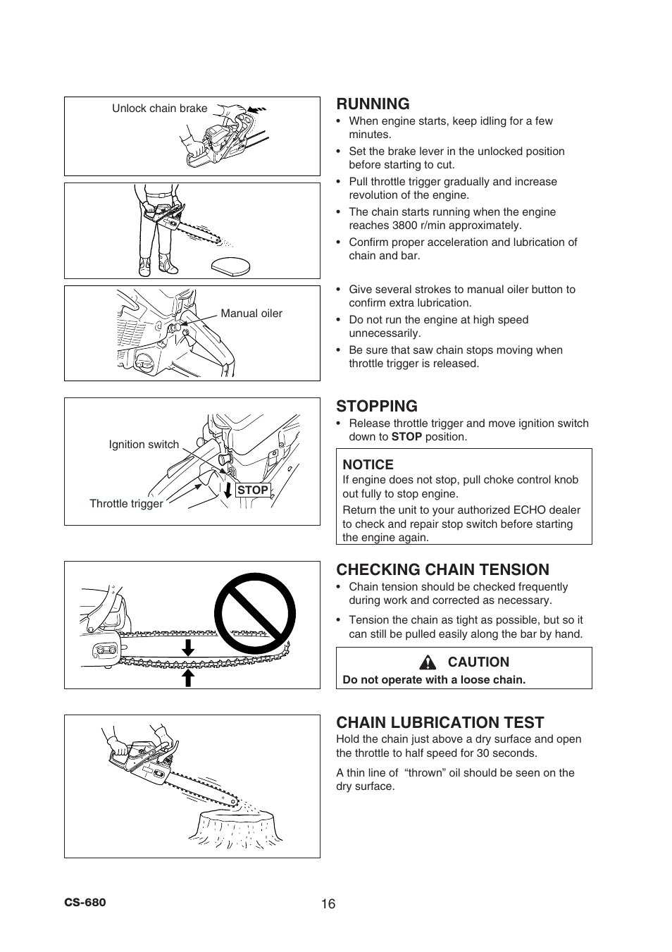 Running, Stopping, Checking chain tension | Chain lubrication test | Echo CS-680 User Manual | Page 18 / 34