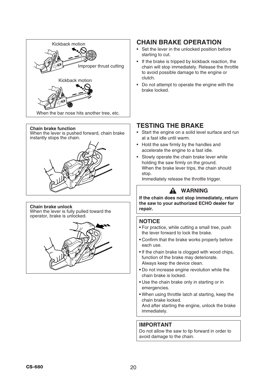 Chain brake operation, Testing the brake | Echo CS-680 User Manual | Page 22 / 34