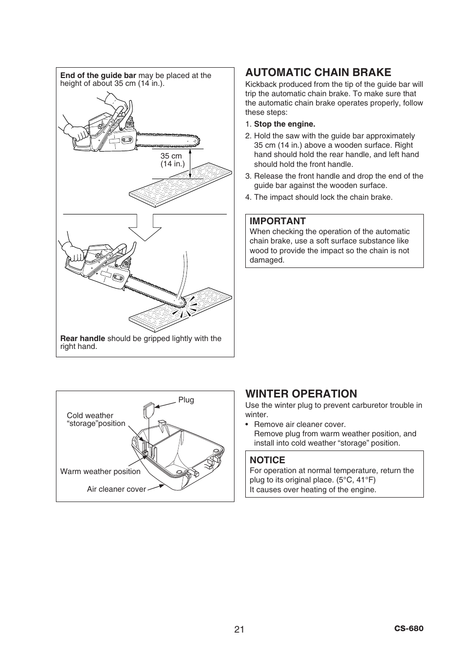 Automatic chain brake, Winter operation | Echo CS-680 User Manual | Page 23 / 34