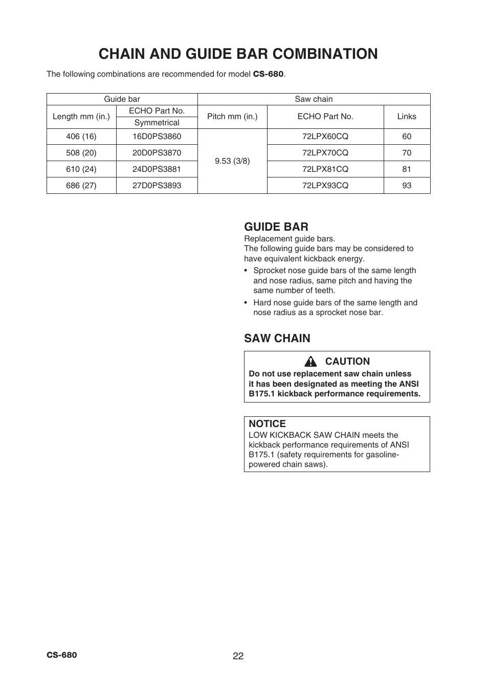 Chain and guide bar combination, Guide bar, Saw chain | Echo CS-680 User Manual | Page 24 / 34