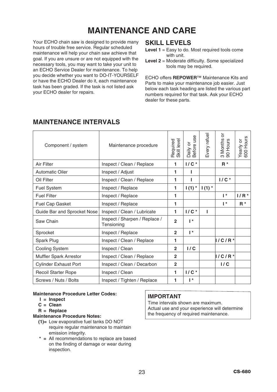 Maintenance and care, Skill levels, Maintenance intervals | Echo CS-680 User Manual | Page 25 / 34