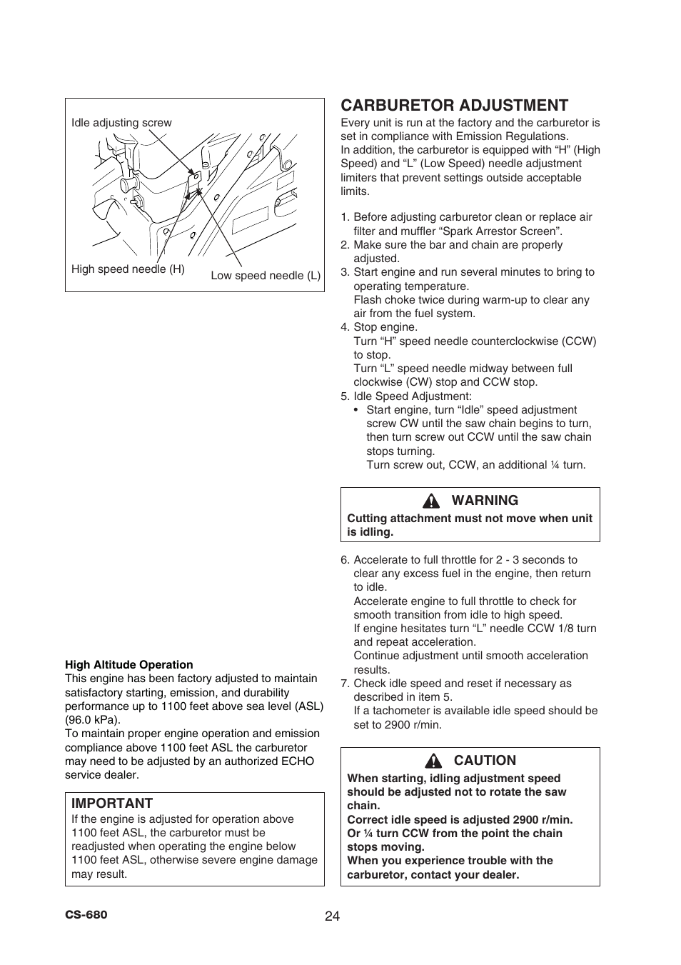 Carburetor adjustment | Echo CS-680 User Manual | Page 26 / 34