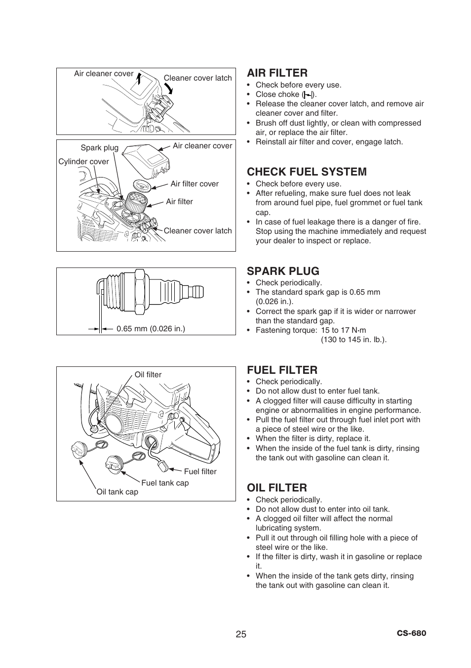 Air filter, Check fuel system, Spark plug | Fuel filter, Oil filter | Echo CS-680 User Manual | Page 27 / 34