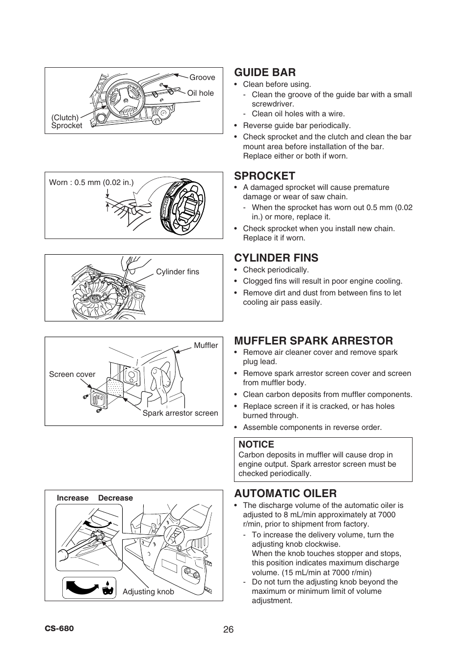 Guide bar, Sprocket, Cylinder fins | Muffler spark arrestor, Automatic oiler | Echo CS-680 User Manual | Page 28 / 34