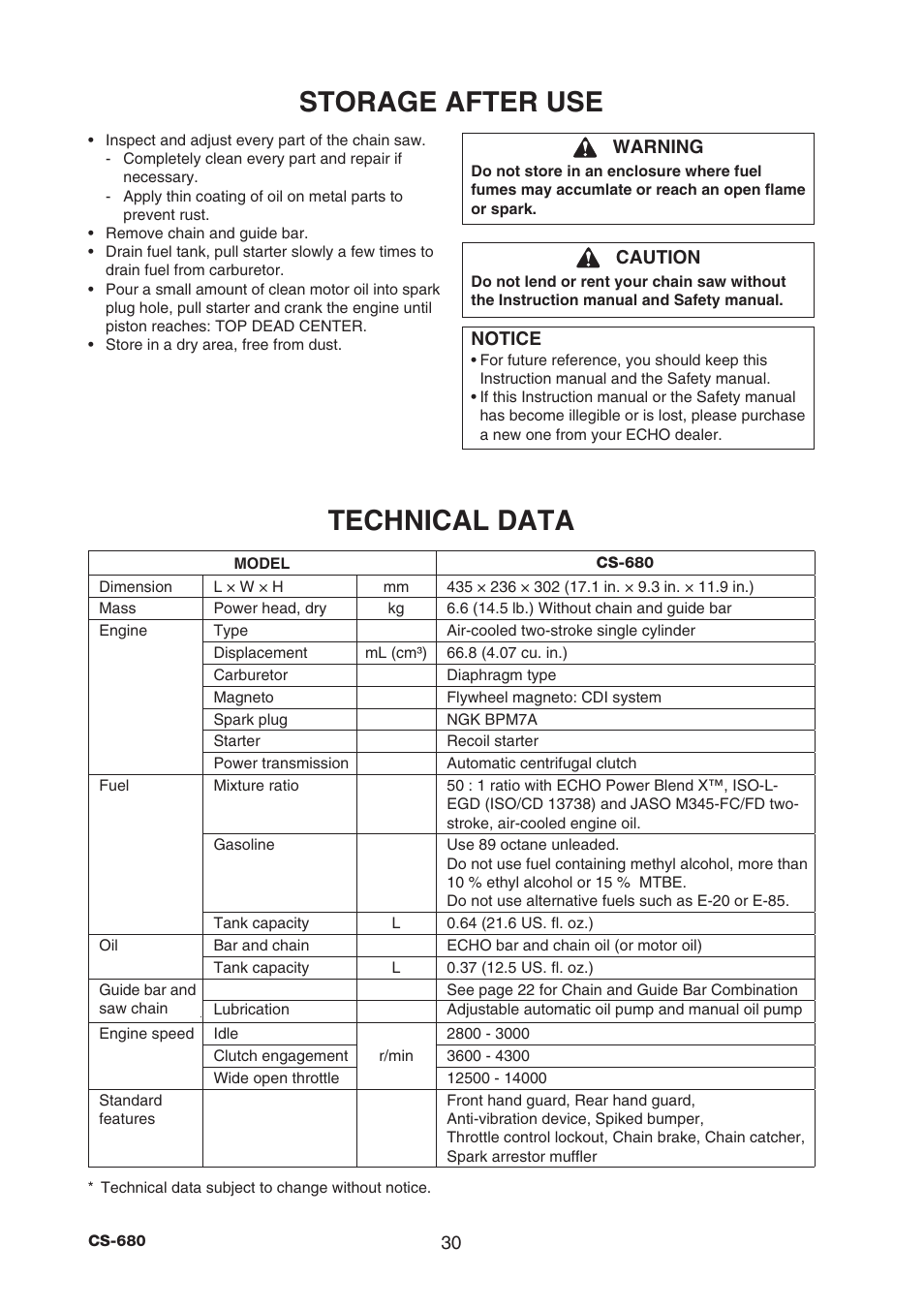 Storage after use, Technical data | Echo CS-680 User Manual | Page 32 / 34