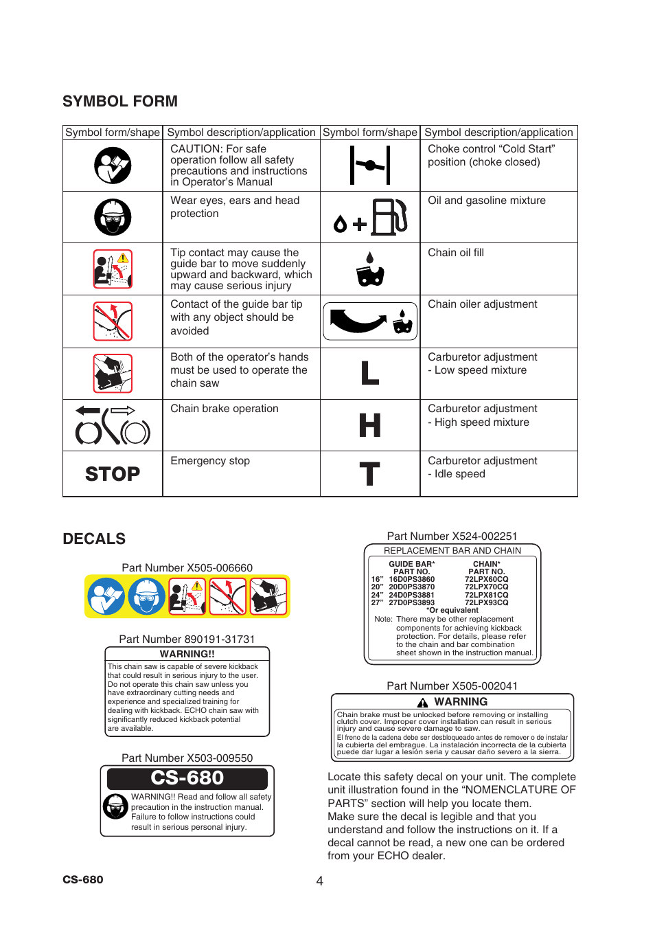 Cs-680, Stop, Symbol form decals | Echo CS-680 User Manual | Page 6 / 34