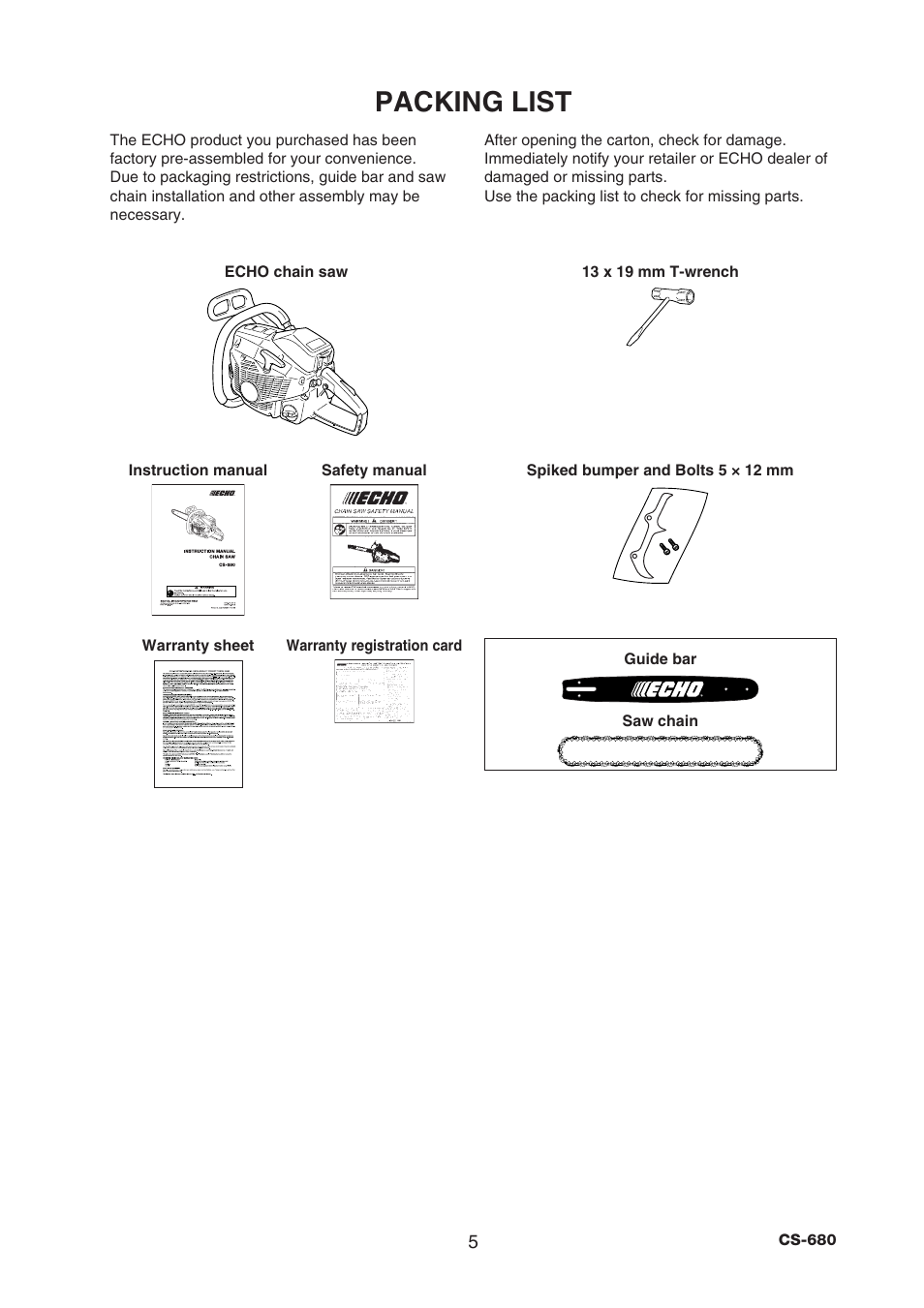 Packing list | Echo CS-680 User Manual | Page 7 / 34