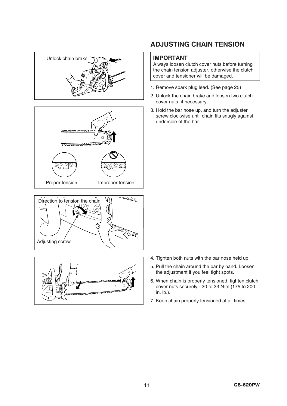 Adjusting chain tension | Echo CS-620PW User Manual | Page 13 / 34