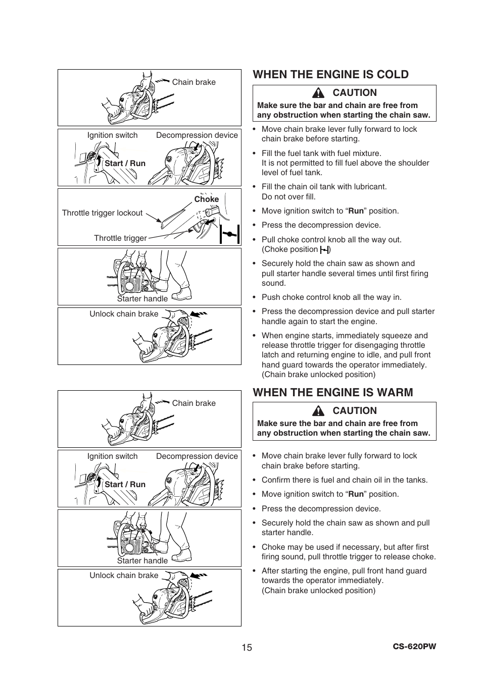 When the engine is cold, When the engine is warm | Echo CS-620PW User Manual | Page 17 / 34