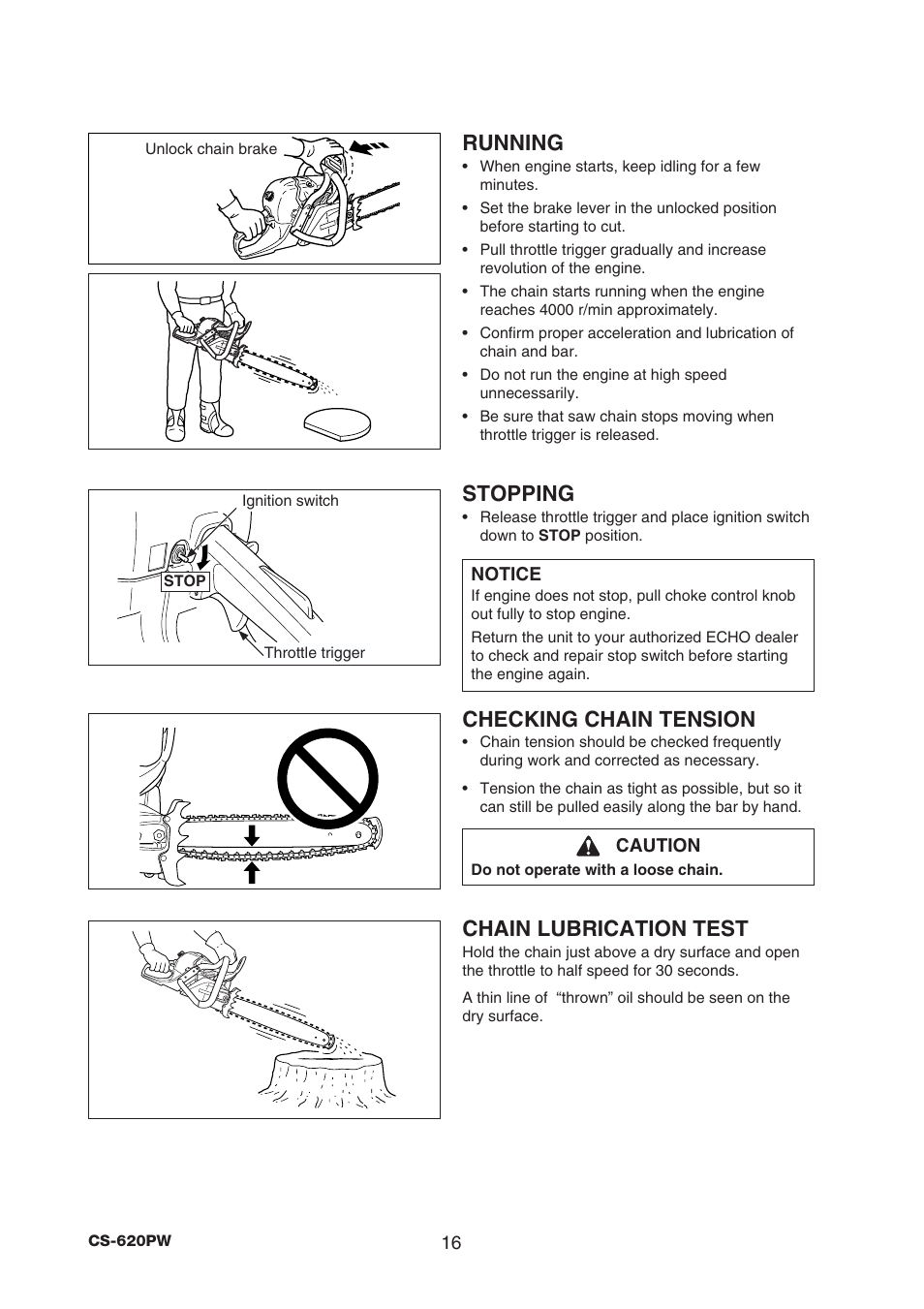 Running, Stopping, Checking chain tension | Chain lubrication test | Echo CS-620PW User Manual | Page 18 / 34