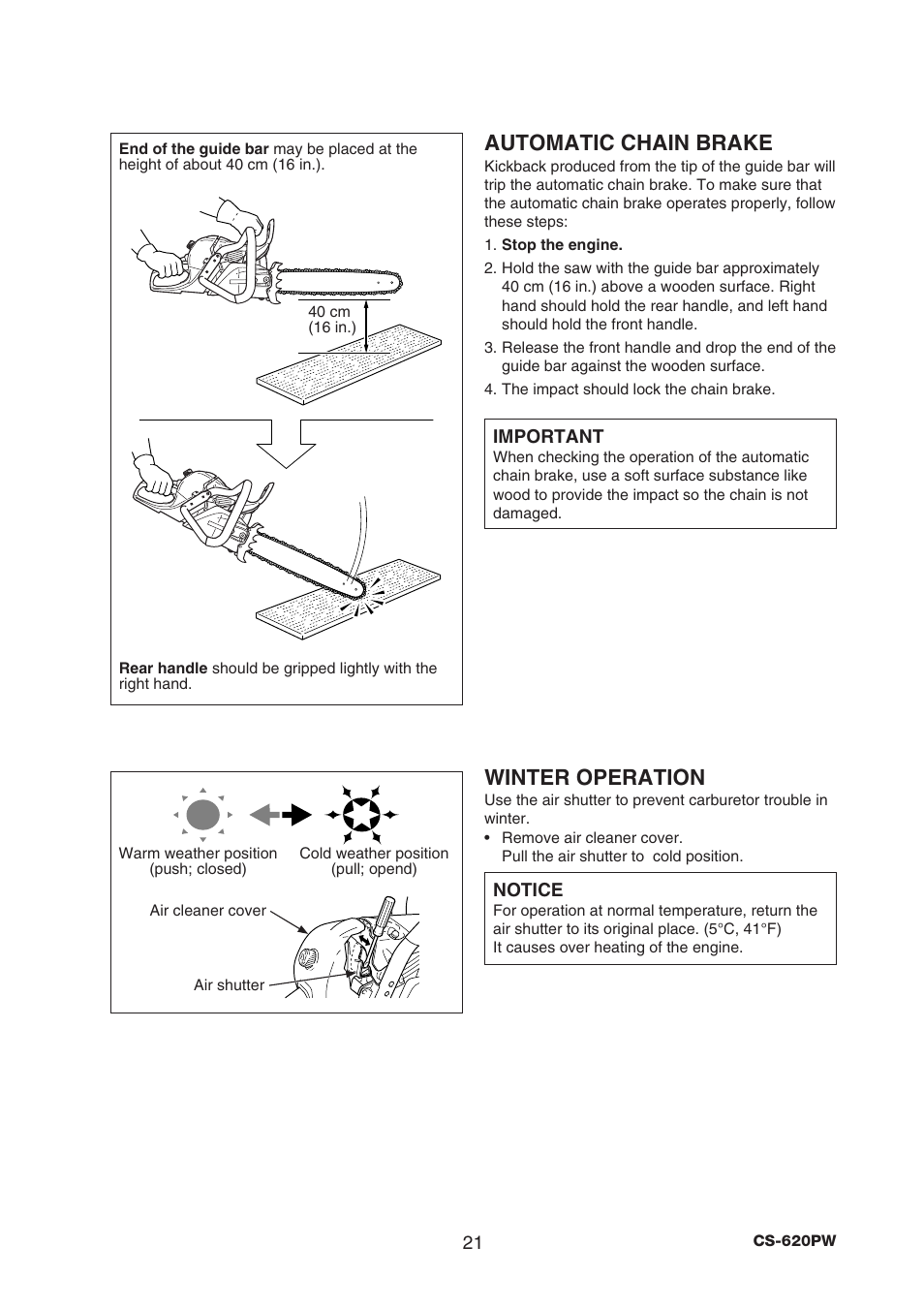 Automatic chain brake, Winter operation | Echo CS-620PW User Manual | Page 23 / 34