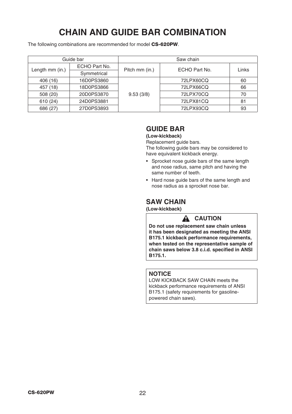 Chain and guide bar combination, Guide bar, Saw chain | Echo CS-620PW User Manual | Page 24 / 34